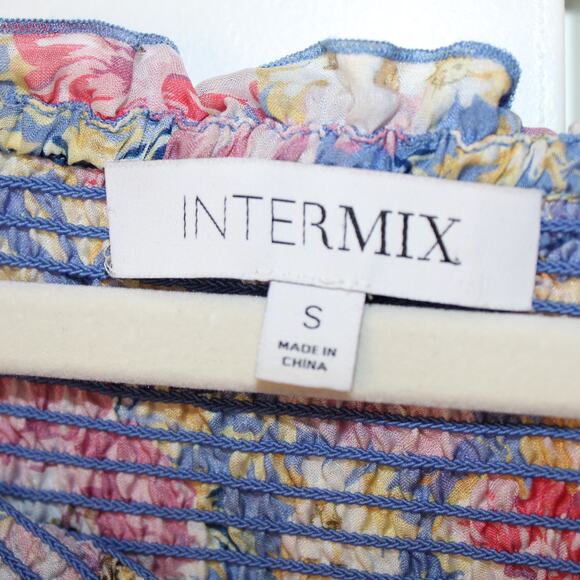 INTERMIX Lucy Silk Off-the-Shoulder Smocked Floral Long Sleeve Top | Small - Picture 6 of 10